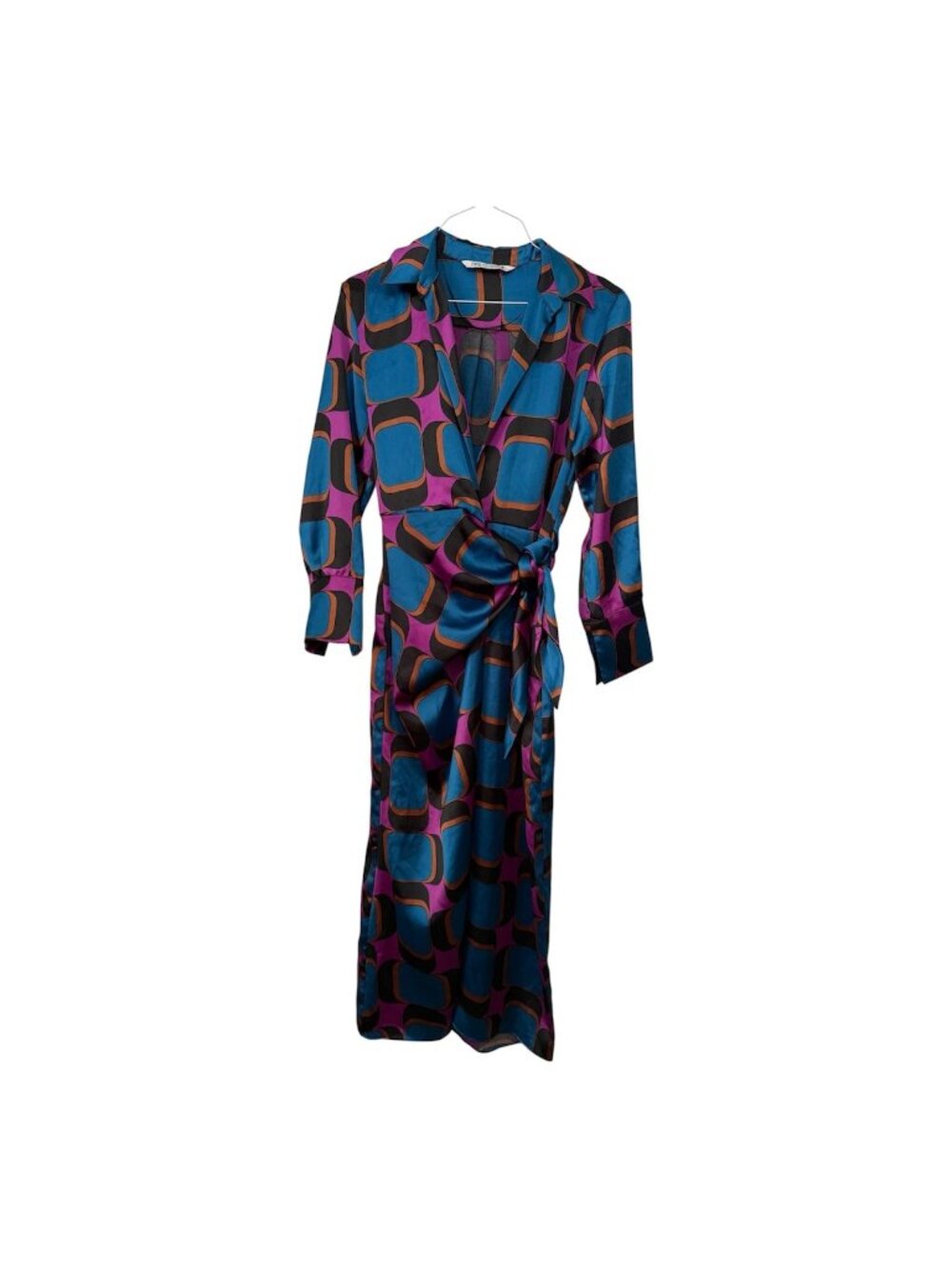 Zara Womens Printed Wrap Dress Collared Long sleeve Geometric Multicolor Mod XS